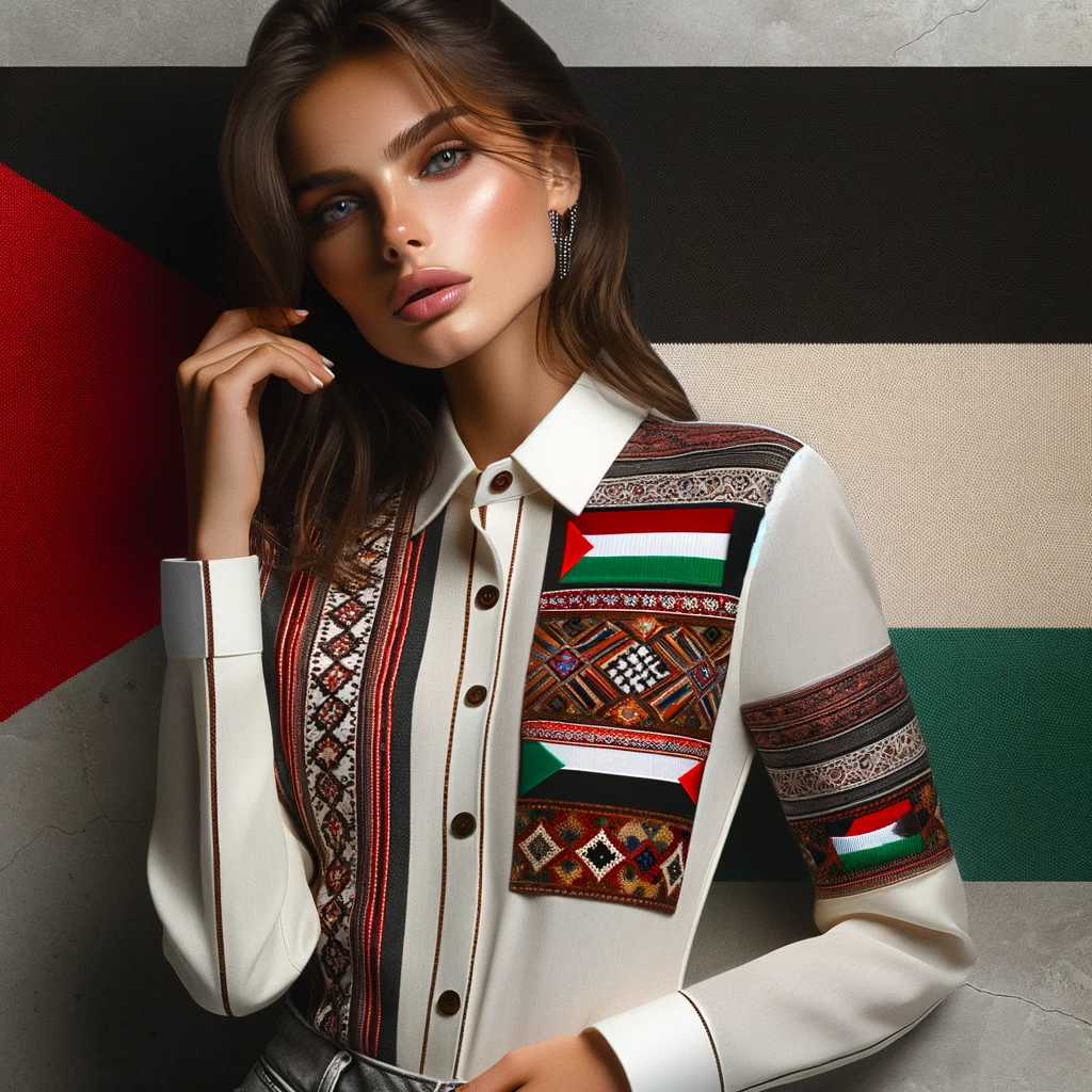 DALL·E 2024-01-20 02.03.51 - A fashion model wearing a stylish shirt that merges traditional Palestinian elements with modern fashion. The image should capture the model showcasin.png__PID:50de509c-5879-49c6-8767-3bd9e6787ef0